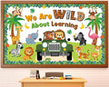 Jungle Animals Bulletin Board Set Safari Jungle Classroom Decorations We are Wild About Learning Monkey Elephant Lion Truck Wild Paper Cutouts for Summer Back to School Chalkboard Window Wall Decor