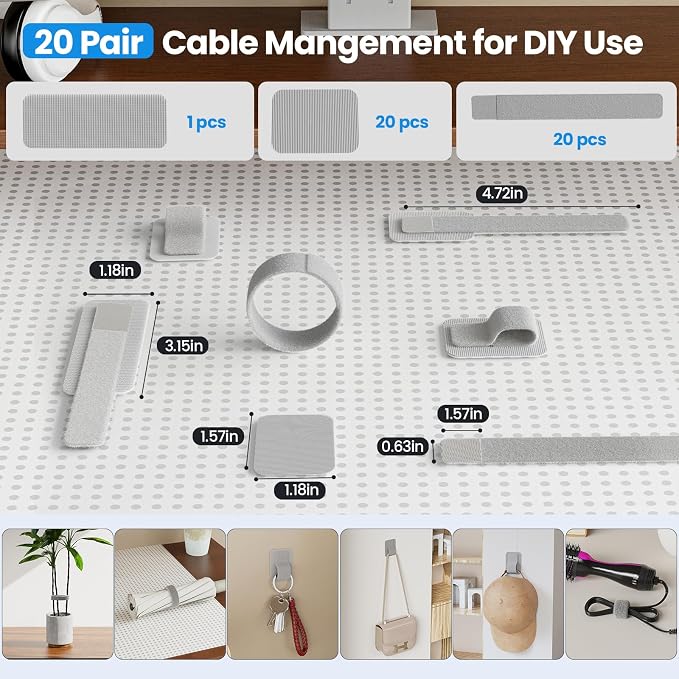 Cable Management Under Desk, 【Up to 15 Cord】【Enhanced Wire Holder】 Reusable Cord Organizer Holder, Adjustable Hook and Loop Cable Ties, Wire Clips Under Table Hider, 20 Pair(Grey)