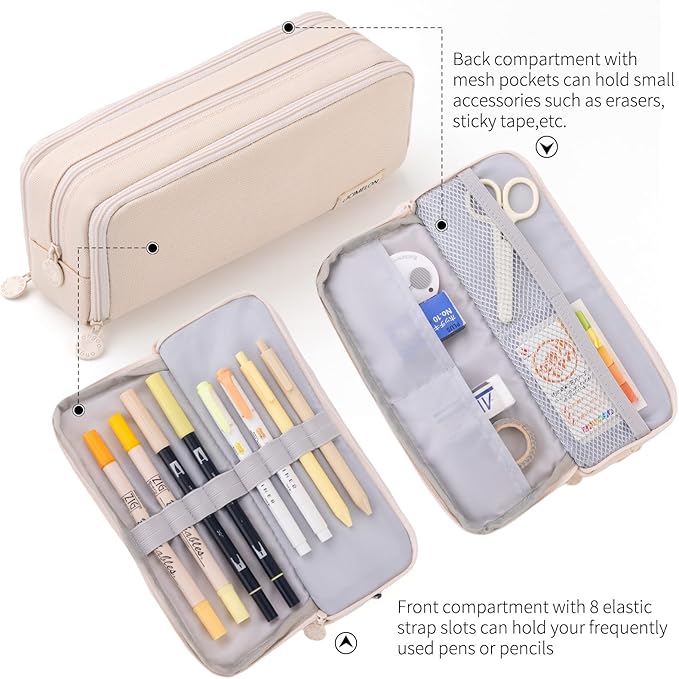 CICIMELON Large Capacity Pencil Case 3 Compartment Pouch Pen Bag for School Teen Girl Boy Men Women (Beige)