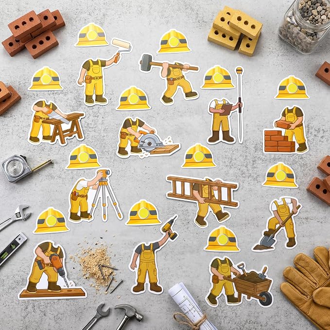 Fuutreo 60 Pcs Construction Site Theme Cutouts Construct Helmet Bulletin Board Decorations Building Worker Paper Cut Outs Classroom Decor for Kindergarten Preschool DIY Craft Photo Wall Door Supplies