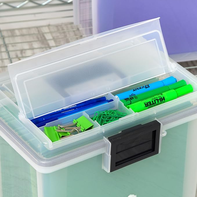 IRIS USA File Box WeatherPro Portable File Organizer Plastic File Box for Letter File w/Organizer-Lid, Durable Lid and Gasket Seal, Secure Latching Buckles, Stackable, Lockable, Clear 19 Qt. 4 Pack