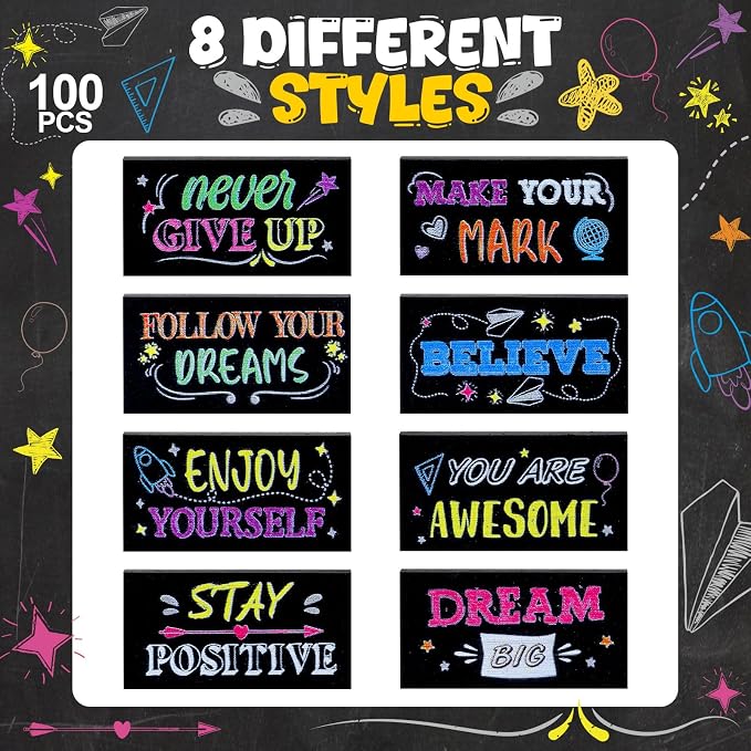 Dunzoom 100 Pcs Back to School Inspirational Pencil Erasers Bulk for Kids Fun Motivational Eraser School Office Supplies for Students Classroom Office Teacher Artists(Colorful Chalkboard)