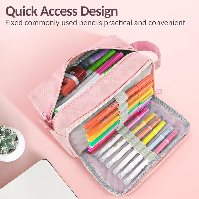 Sooez Original High Capacity Pencil Case, Big Pencil Bag Pouch Box Organizer Pen Case, Aesthetic Supply for Girls Adults, Portable Journaling Supplies with Easy Grip Handle & Loop, Pink