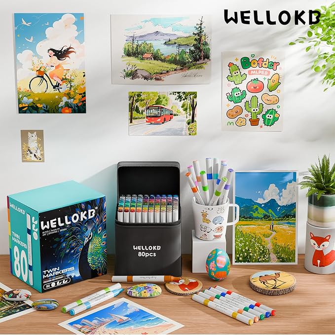 WELLOKB 80 Colors Dual Tip Acrylic Paint Markers, Fabric Markers, Brush Tip Permanent Acrylic Paint Pens for Wood, Glass, Rocks, Paper, Coloring book,Ceramic,DIY Crafts for Adults (24, Brush&Fine)