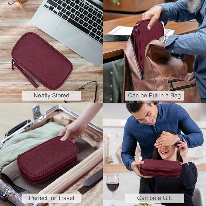 FYY Electronic Organizer, Travel Cable Organizer Bag Pouch Electronic Accessories Carry Case Portable Waterproof Double Layers Storage Bag for Cable, Charger, Phone, Earphone, Medium Size, Wine Red