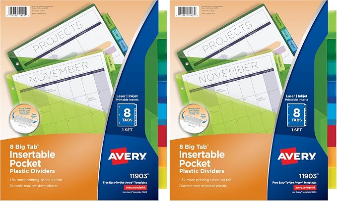 Avery Insertable Plastic Dividers for 3 Ring Binders,8 Tabs per Set,Big Tabs,Two Pockets,Multicolor Binder Dividers,Works with Sheet Protectors (11903),(Pack of 2)