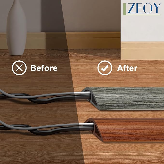 6FT Cord Covers, Walnut Wood Floor Cable Management - Protects Cords, Cavity: 0.47" x 0.24"