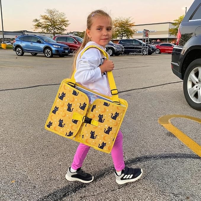 MENZOKE Kids Travel Tray for Toddler Car Seat, Toddler Gift for Boy | Road Trip Essentials Accessories Lap Tray, 16.5 x 13 inch, iPad Holder Stand, Storage Pockets, Snack Compartment, Yellow