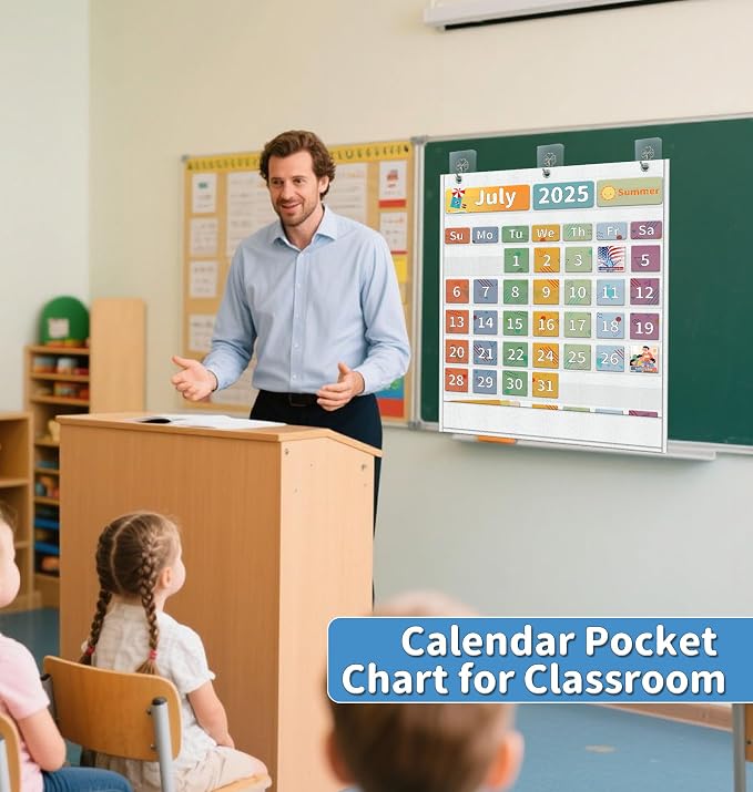 Yoink 48 Pockets Classroom Calendar Pocket Chart for Kids Learning - Monthly Calendar with Durable Fabric, Homeschool and Teacher Supplies, Preschool Kindergarten Wall Decor, Only Chart (White)