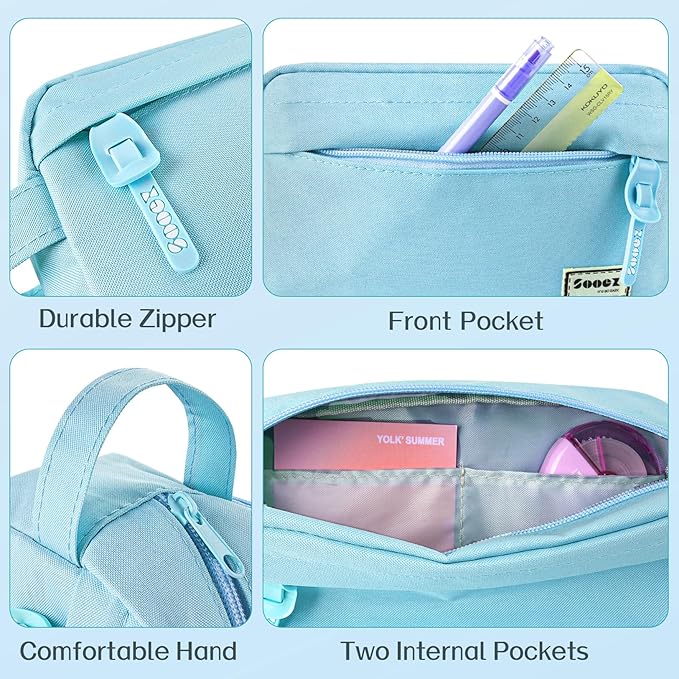 Sooez Original High Capacity Pencil Case, Big Pencil Bag Pouch Box Organizer Pen Case, Aesthetic Supply for Girls Adults, Portable Journaling Supplies with Easy Grip Handle & Loop, Blue