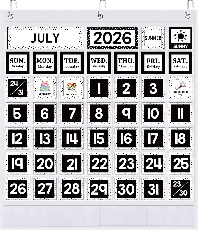 Sinload Classroom Calendar Pocket Chart Set Calendar Bulletin Board Set Seasons Festival Weather Pocket Chart for Classroom Decoration Back to School Supplies(Modern Farmhouse,White)