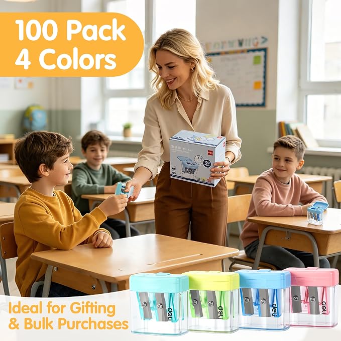 Deli Pencil Sharpener, 100 Pack Pencil Sharpeners Manual, Dual Holes Compact Colored Handheld Pencil Sharpener with Lid for Kids, School, Office