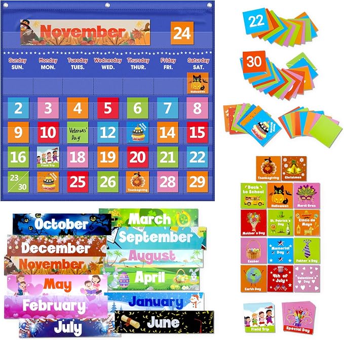Classroom Calendar Pocket Chart with 88 Cards - Ideal for Homeschool, Classroom & Office, Durable Nylon Wall Hanging Calendar for Early Learning (Blue)