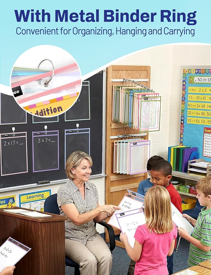 SUNEE 35 Packs Oversized Reusable Dry Erase Pocket Sleeves with 2 Rings, 10 Morandi Colors 10x14 Ticket Holders, Clear Plastic Sheet Protectors, Teacher School Classroom Supplies