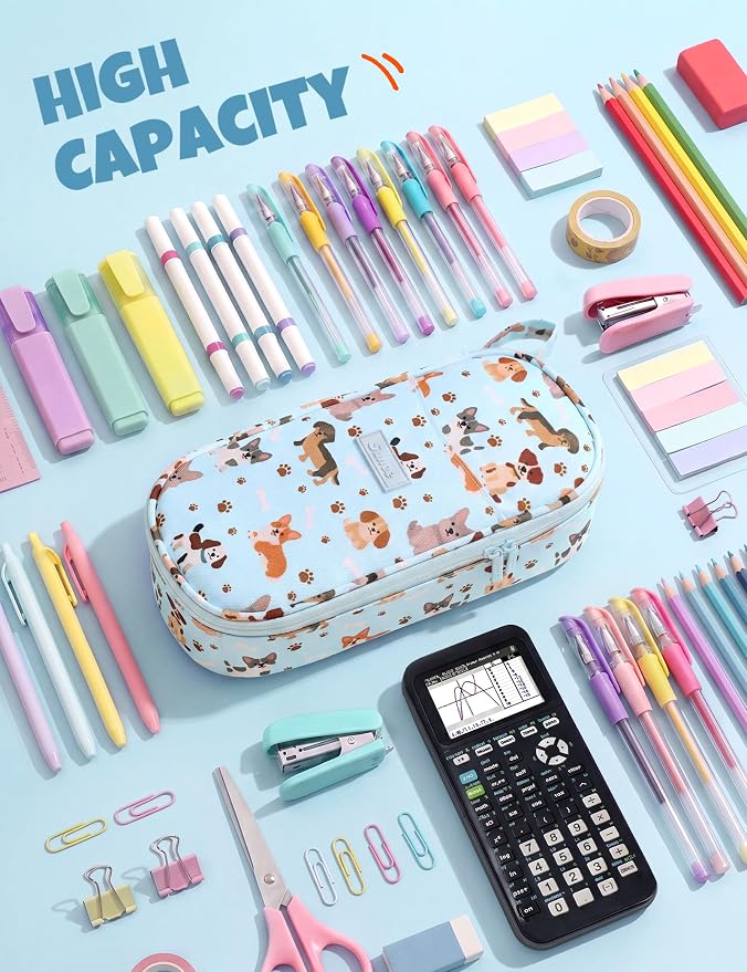 SUNEE Cute Pencil Case, Large Pencil Pouch, Aesthetic Big Pencil Bag with Zipper, Kawaii Stationery Storage and Organizer, School Supplies for Teen and Adult, Boys & Girls, Heavy Duty Canvas Cute Dog
