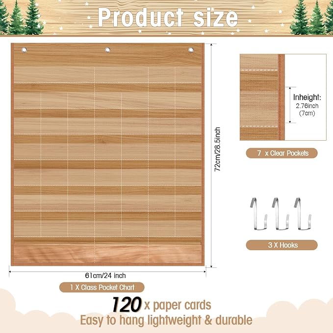 Sinload Classroom Calendar Pocket Chart Set Calendar Bulletin Board Set Seasons Festival Weather Pocket Chart for Classroom Decoration Back to School Supplies(Woodland,Wood Color)