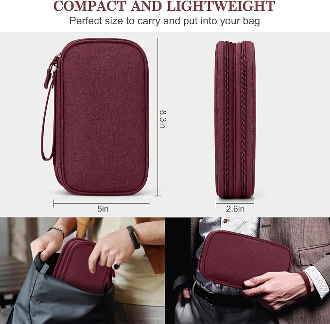 FYY Electronic Organizer, Travel Cable Organizer Bag Pouch Electronic Accessories Carry Case Portable Waterproof Double Layers Storage Bag for Cable, Charger, Phone, Earphone, Medium Size, Wine Red