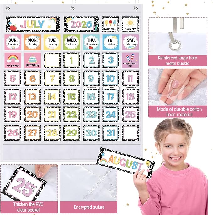Sinload Classroom Calendar Pocket Chart Set Calendar Bulletin Board Set Seasons Festival Weather Pocket Chart for Classroom Decoration Back to School Supplies(Composition,Black)
