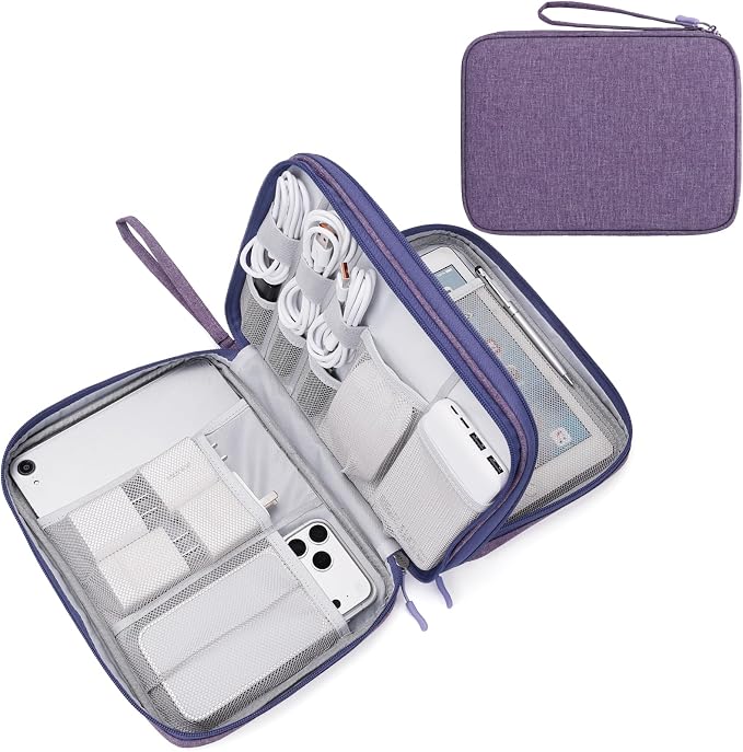 FYY Electronic Organizer, Extra Large Travel Cable Organizer Bag Pouch Portable Waterproof Double Layers All-in-One Storage Bag for iPad, Cable, Power Bank, Laptop Charger for Office/Home, Dark Purple