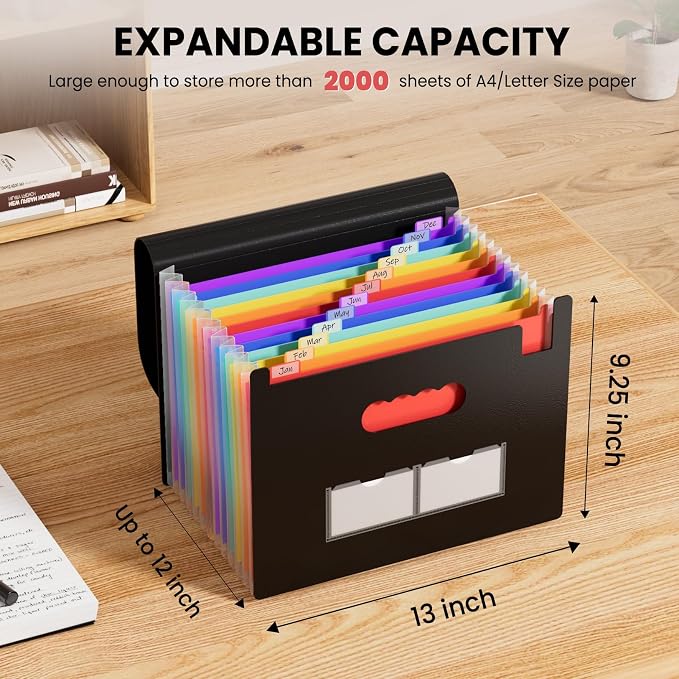 Sooez Accordion File Organizer, 13 Pockets Expanding File Folder, Portable Monthly Paper Bill Tax Receipt Organizer, Letter A4 Size Document Holder with Blank Labels, White