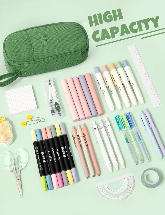 SUNEE Cute Pencil Case, Large Pencil Pouch, Soft Corduroy Fabric Big Pencil Bag with Zipper, Kawaii Pen Bag Stationery Storage and Organizer, School Supplies for Teen, Student, Boys, Girls, Soft Green