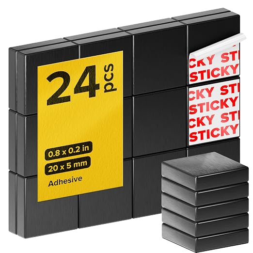 Strong Ceramic Square Magnets with Adhesive Backing (0.8x0.2/20x5mm, 24 pcs) - Heavy Duty Sticky Magnets, Non-Corrosive, Versatile for Home, Office, Workshop, Whiteboard, Fridge and Hobby Use