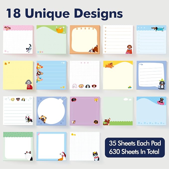 18 PCS Sticky Notes with Lines, Adhesive Note Pads Dog-Themed Fun Notepads, Employee Appreciation Gifts Bulk for Teacher, Nurse, Coworkers, Office, Work & Study Supplies (3” x 3“)
