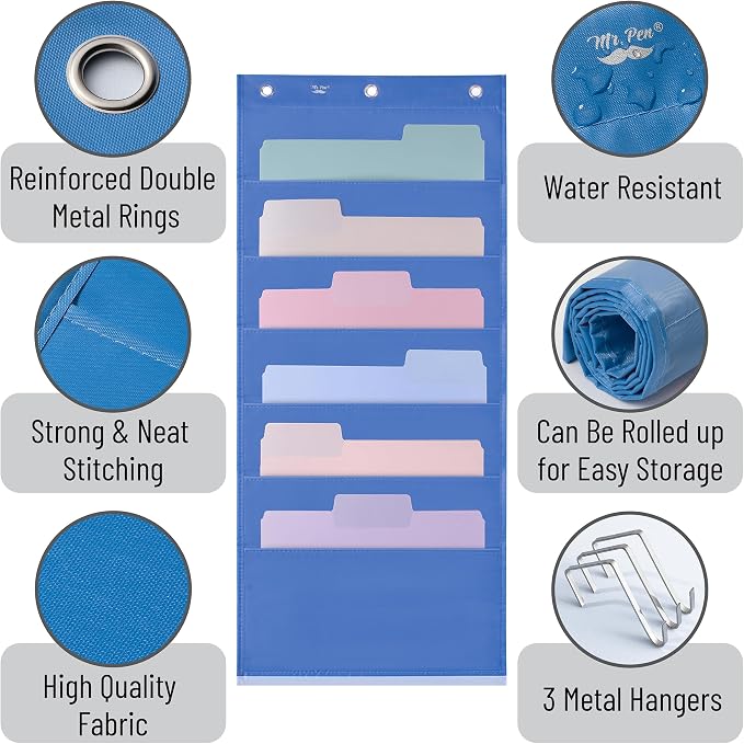 Mr. Pen- Hanging Wall File Organizer, 6 Pocket, Blue | 3 Overdoor Hangers Included, Over The Door File Organizer, Hanging Folder Organizer, Wall Folder Organizer