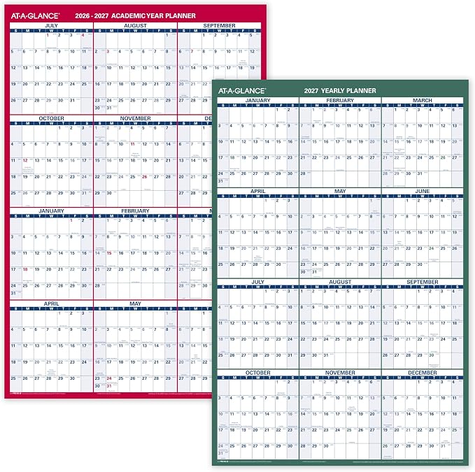 AT-A-GLANCE Dry Erase Calendar 2026-2027 Academic & Regular Year Wall Planner, 12-Month, 24" x 36", Double Sided, Vertical (PM210S28)