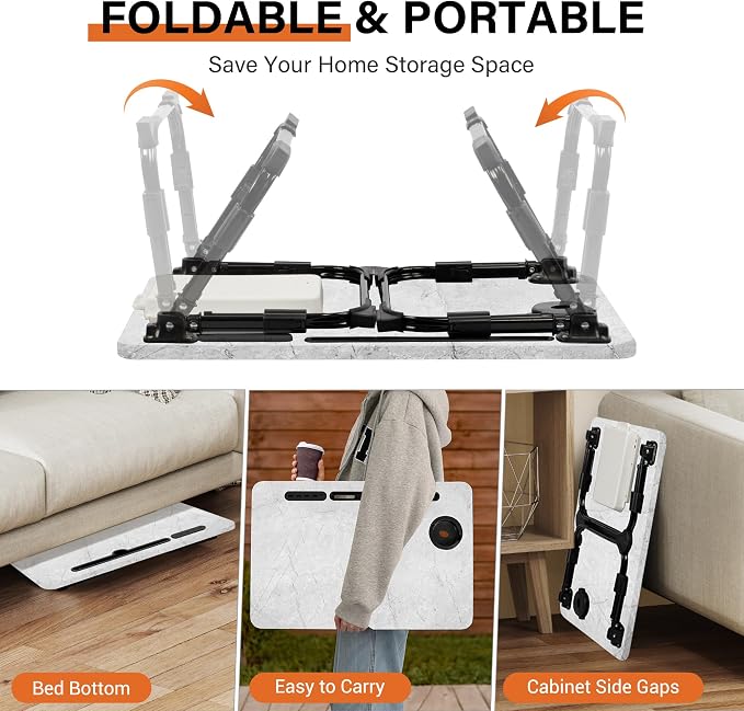 Lap Desk for Bed, Adjustable Laptop Desk with USB Charging Port, Storage Drawer & Bookshelf — Foldable Bed Desk for WFH & Students, 23.6" Desktop Fits 19" Laptop, Non-Slip, Light Stone Texture
