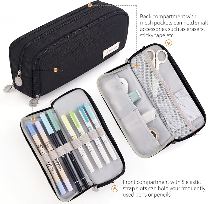 CICIMELON Large Capacity Pencil Case 3 Compartment Pouch Pen Bag for School Teen Girl Boy Men Women (Black)