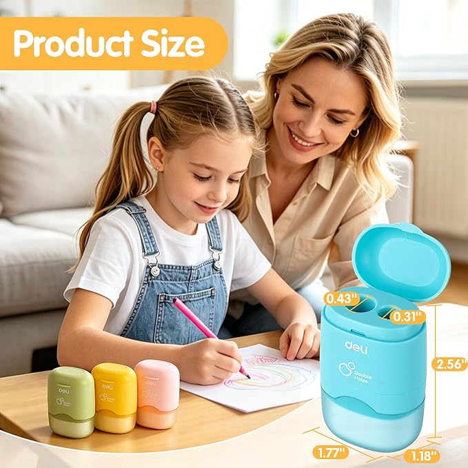 Deli Pencil Sharpener & Eraser, 4 Pack Pencil Sharpeners Manual, Dual Holes Compact Colored Handheld Pencil Sharpener with Lid for Kids, School, Office