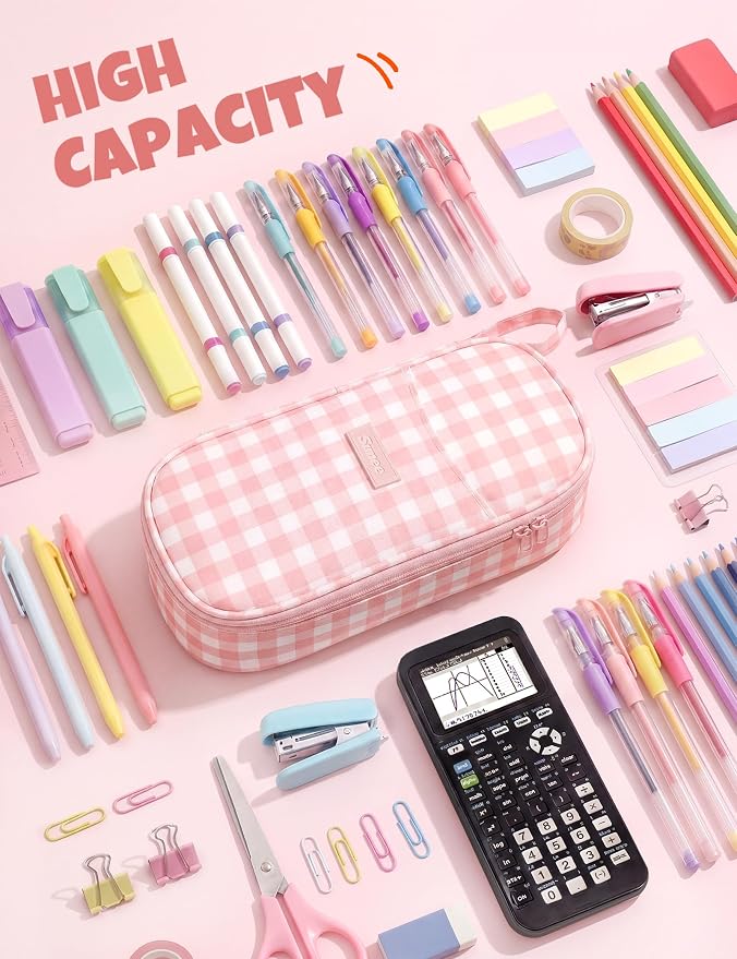 SUNEE Cute Pencil Case, Large Colored Pencil Pouch, Aesthetic Pen Bag with Zipper, Kawaii Stationery Storage and Organizer, School Supplies for Teen and Adult, Boys & Girls, Pink Checkered