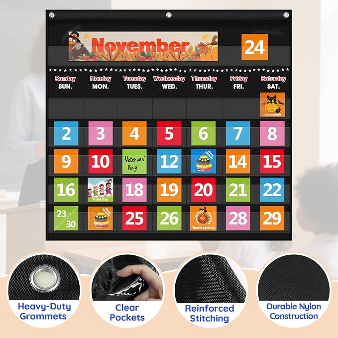 Classroom Calendar Pocket Chart with 88 Cards - Ideal for Homeschool, Classroom & Office, Durable Nylon Wall Hanging Calendar for Early Learning (Black)