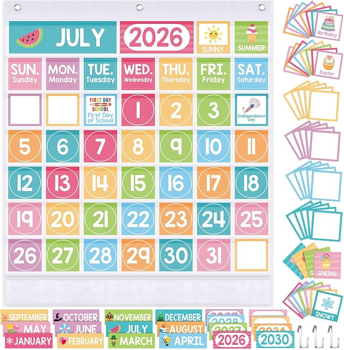 Sinload Classroom Calendar Pocket Chart Set Calendar Bulletin Board Set Seasons Festival Weather Pocket Chart for Classroom Decoration Back to School Supplies(Pastel,White)