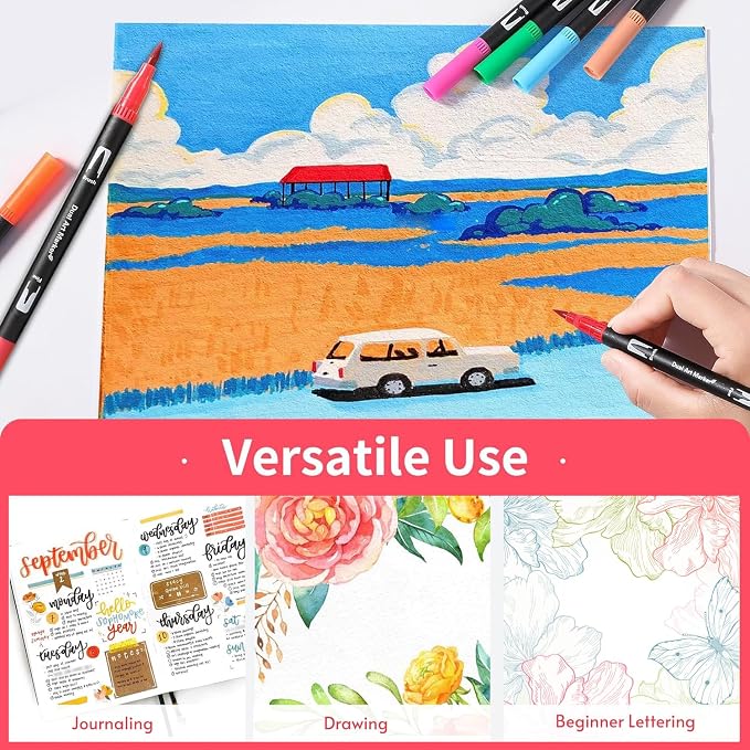 TOSHARE 120 Colors Brush & Fine Dual Tip Watercolor Markers for Adult Coloring Books No Bleeding Paint Pens For Drawing Note Taking Planner Calligraphy Journaling Card Making Back-to-School Supplies