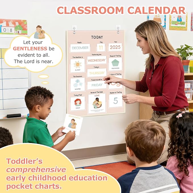 ALSLEA All About Today Calendar and Weather Pocket Chart, 21½" x 14¼" Small Boho Calendar for Kids, Preschool Circle Time Learning Center Toddler Learning Activities Chart, Homeschool Teacher Essentials 155 Cards