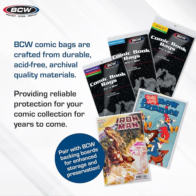 BCW Current Comic Bags (400 Pack) – Acid-Free BCW Comic Book Bags for Modern Comics | Crystal Clear Comic Book Sleeve Protection | 6 7/8 x 10 1/2