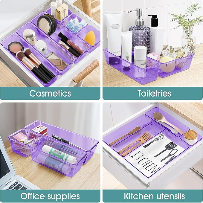 WOWBOX 25 PCS Plastic Drawer Organizer Set, Desk Drawer Divider Organizers and Storage Bins for Makeup, Jewelry, Gadgets for Kitchen, Bedroom, Bathroom, Office, Clear Purple