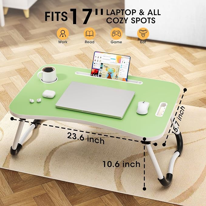 Folding Lap Desk, 23.6 Inch Wood Laptop Bed Desk with Cup Holder, Portable Bed Table for Working Writing Reading & Eating for Bed, Sofa, Couch, Floor - Green