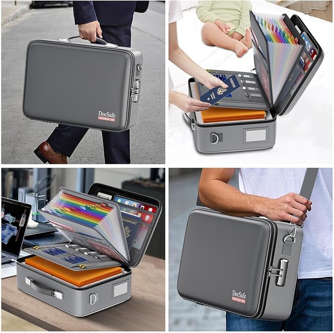 DocSafe Fireproof Document Box with Lock, Hard Case File Organizer with Accordion File Folder, Fireproof Water Resistant Safe Box Home Office Travel Storage for Important Documents Laptop Gray