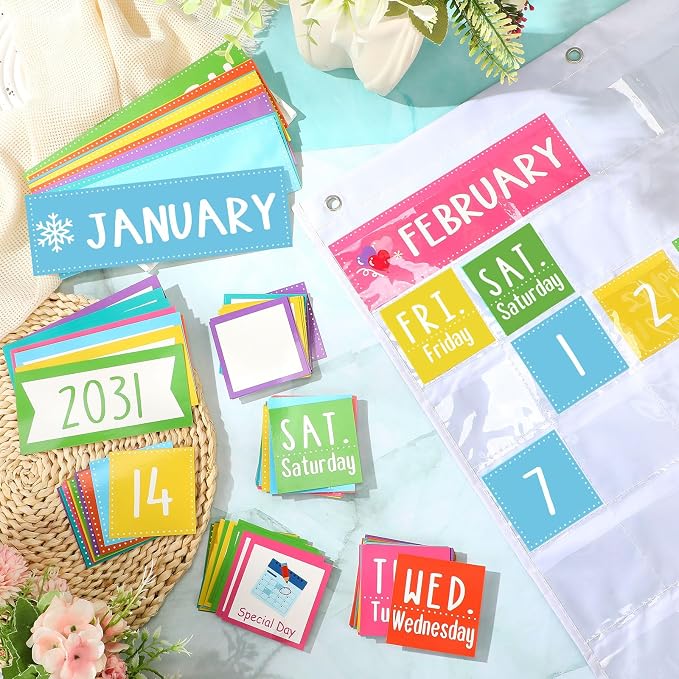 Sinload Classroom Calendar Pocket Chart Set Calendar Bulletin Board Set Seasons Festival Weather Pocket Chart for Classroom Decoration Back to School Supplies(Colorful,White)