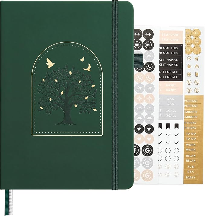 &And Per Se Dotted Journal Notebook, A5 Hardcover Aesthetic Dotted Notebook – 160 Pages 100gsm Thick Dot Grid Paper, 3 Sticker Sheets – Gift-Ready Journaling Kit for Women (Dark Green)