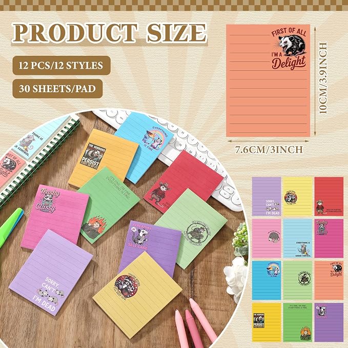 12 Pcs Funny Sticky Notes for Work 4x3 Inches Sarcastic Self Adhesive Notepads Novelty Memo Pads for Office Coworker Gifts Employee Appreciation Supplies(Opossum-Lines,Multi Color)