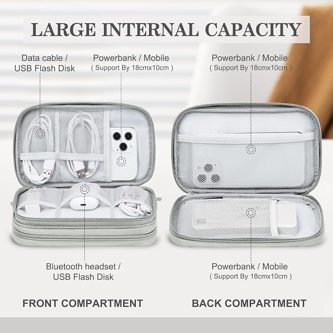FYY Travel Electronic Cable Organizer Bag, Pouch Electronic Accessories Carry Case Portable Waterproof Double Layers Storage Bag for Cable, Cord, Charger, Phone, Earphone, Medium Size, Grey