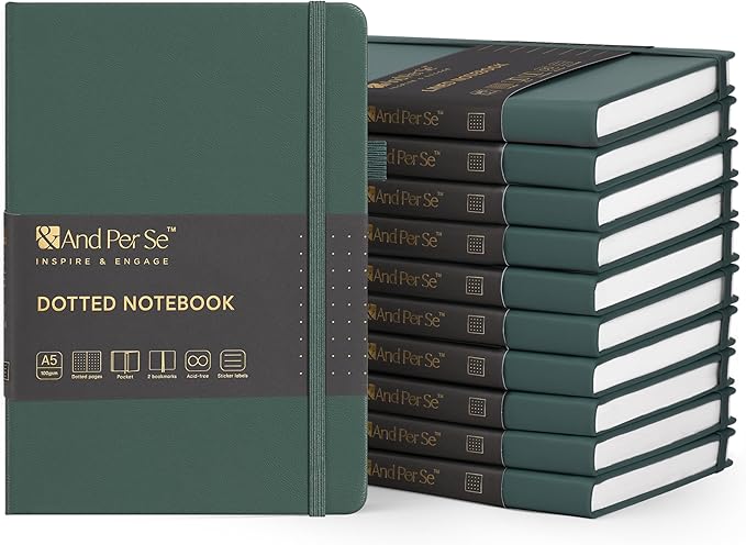 &And Per Se 10-Pack Dotted Notebooks, A5 Hardcover Dotted Journal Set, 160 Pages, 100gsm Paper, Office Supply Bulk Order, Corporate Workshop Materials – 3 Sticker Sheets Each (Green)