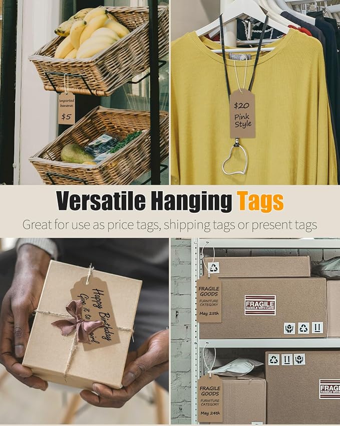 Uniclife 72 Pcs Blank Shipping Tags with Elastic String Attached Kraft Paper Hang Tags with Reinforced Eyelet Large Marking Price Tag Inventory Label Tag, Brown (4.7" L x 2 3/8" W)