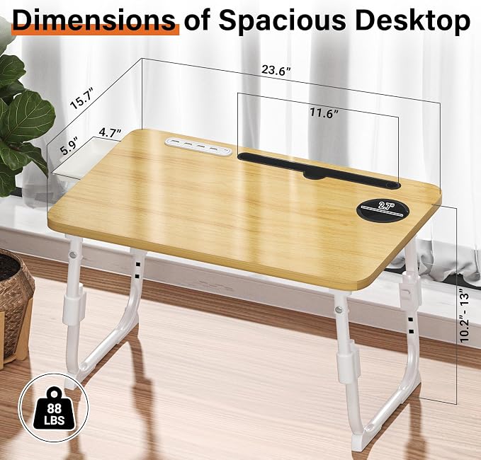 Lap Desk for Bed, Adjustable Laptop Desk with USB Charging Port, Storage Drawer & Bookshelf — Foldable Bed Desk for WFH & Students, 23.6" Desktop Fits 22" Laptop, Non-Slip, Wood