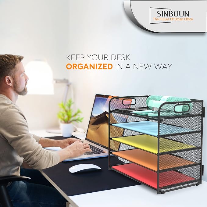 Letter Tray Paper Organizer 5-Tier Desk Organizer File Organizer Paper Holder with Handle, Metal Desktop Document Shelf Tray Office Classroom Organization - Black