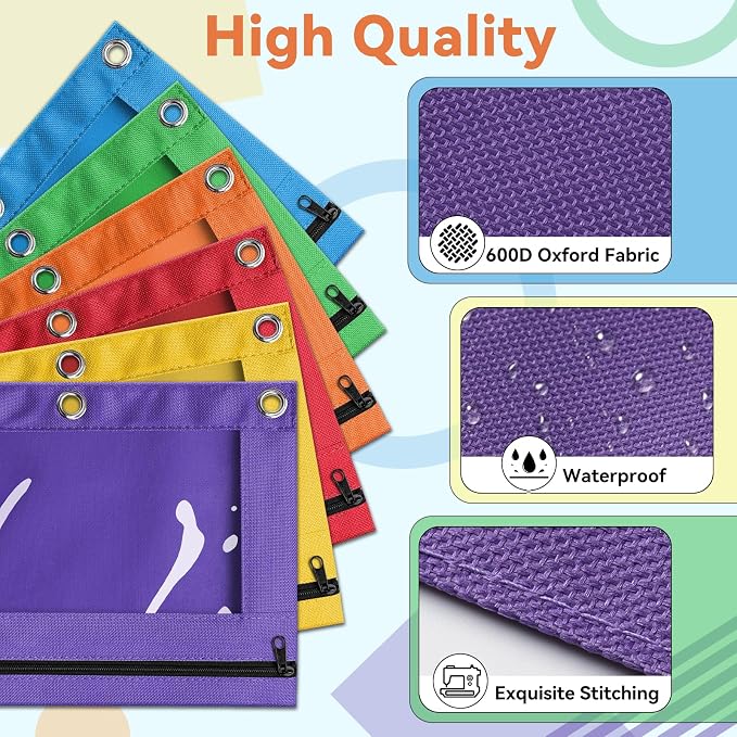 Pencil Pouch for 3 Ring Binder, Bulk 36 Pack 3-Holes Zipper Pencil Pouches in Assorted Colors, Sturdy and Durable Cloth Pencil Holder with Clear Window for Office School College Supplies (36)